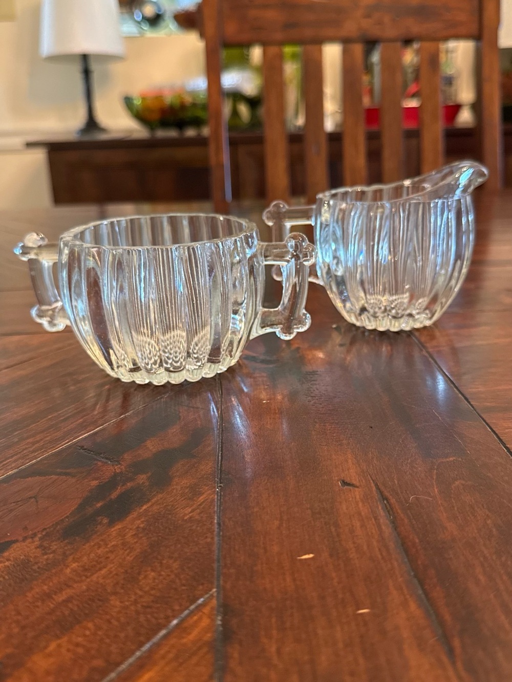 Jeanette Glass Clear Ribbed Glass Creamer and Sugar Set